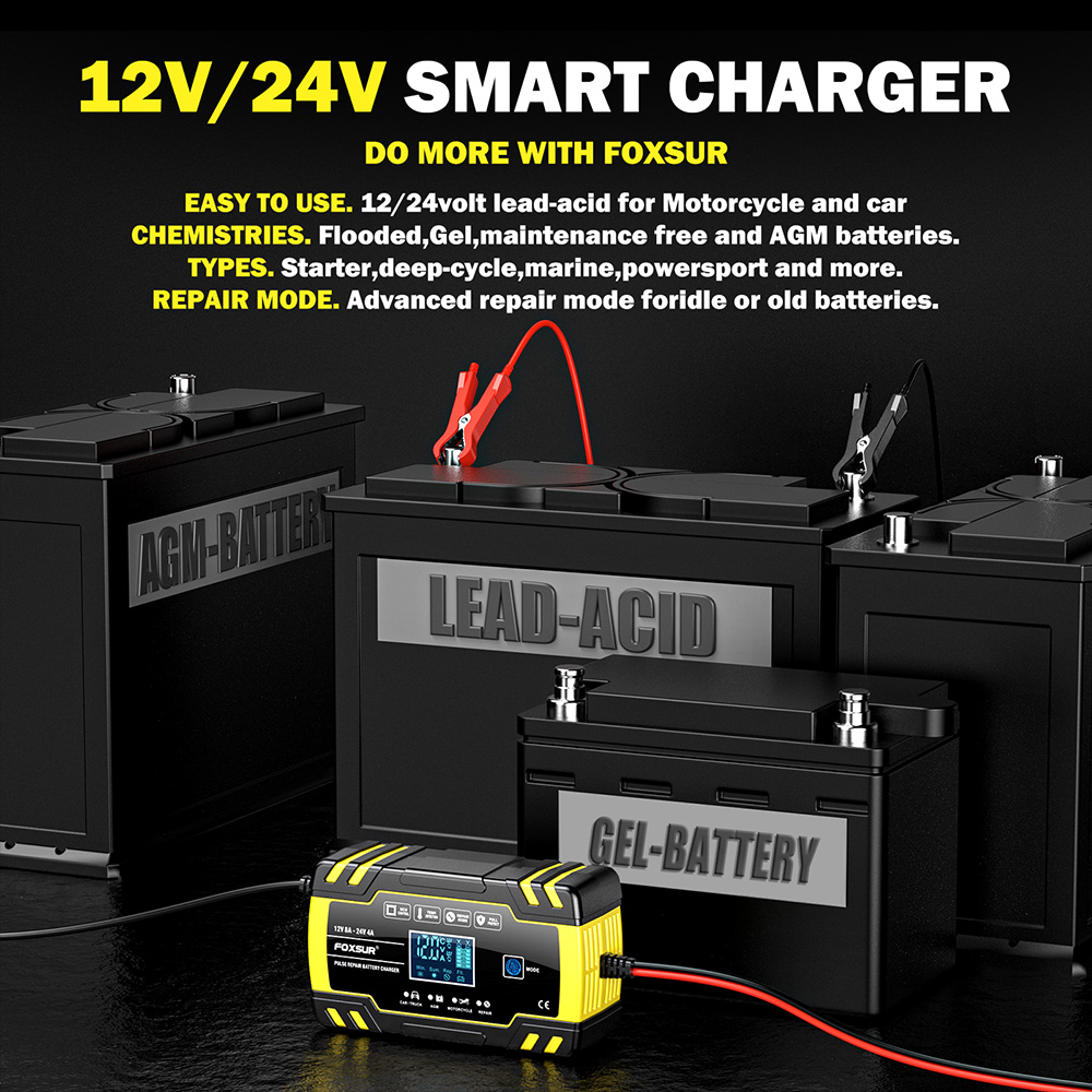 bộ sạc ắc quy ô tô, xe máy Foxsur FBC122408D 12v 8A/ 24V 4A. Tự ngắt khi đầy, có tính năng khử sunfat