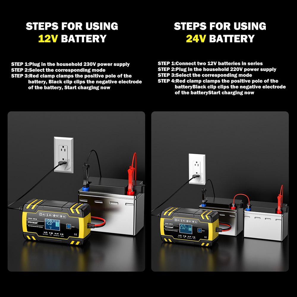 bộ sạc ắc quy ô tô, xe máy Foxsur FBC122408D 12v 8A/ 24V 4A. Tự ngắt khi đầy, có tính năng khử sunfat