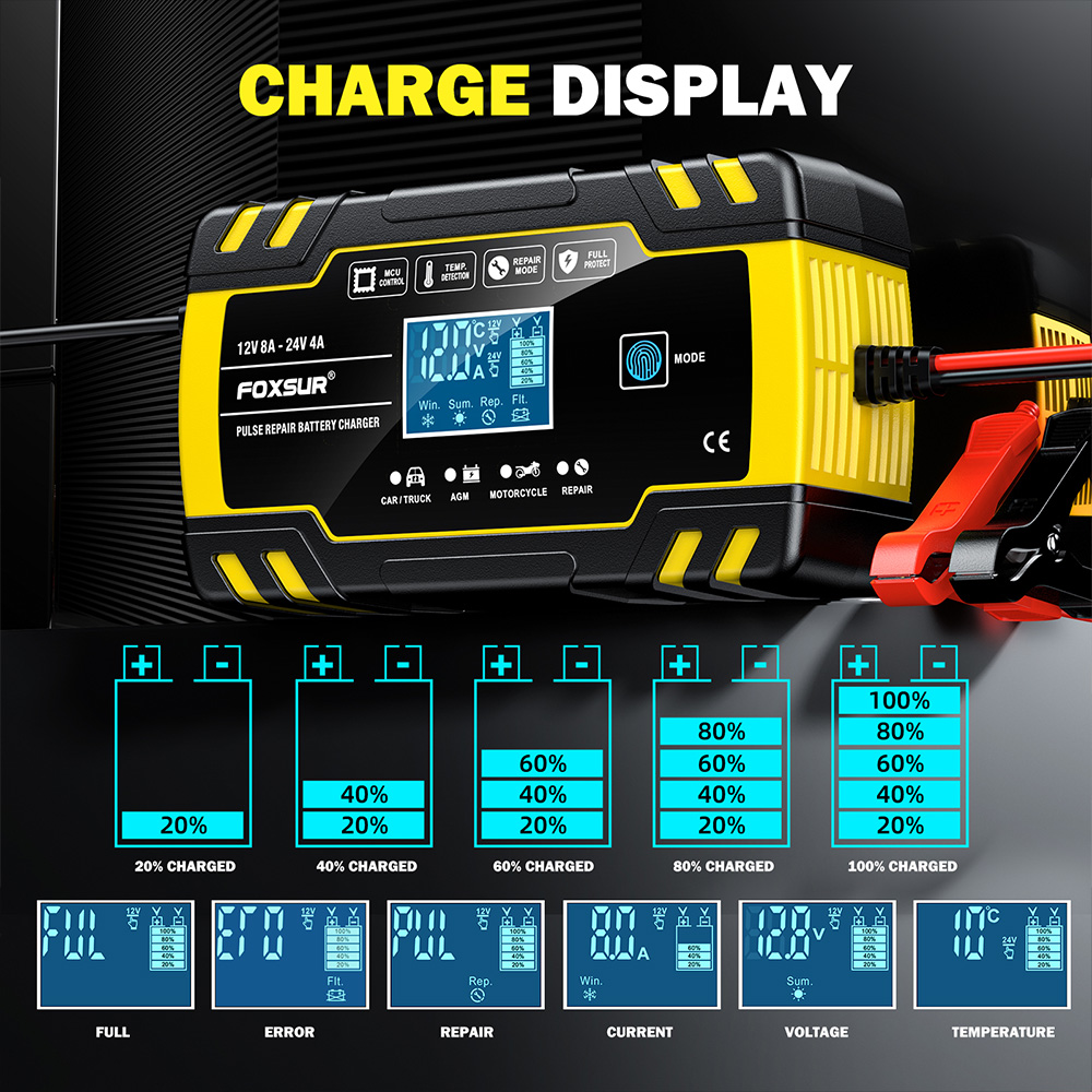 bộ sạc ắc quy ô tô, xe máy Foxsur FBC122408D 12v 8A/ 24V 4A. Tự ngắt khi đầy, có tính năng khử sunfat