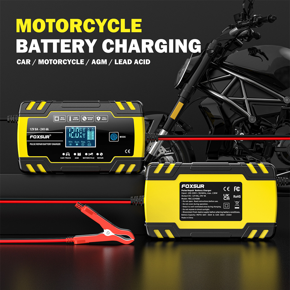 bộ sạc ắc quy ô tô, xe máy Foxsur FBC122408D 12v 8A/ 24V 4A. Tự ngắt khi đầy, có tính năng khử sunfat