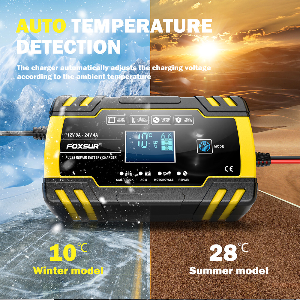 bộ sạc ắc quy ô tô, xe máy Foxsur FBC122408D 12v 8A/ 24V 4A. Tự ngắt khi đầy, có tính năng khử sunfat