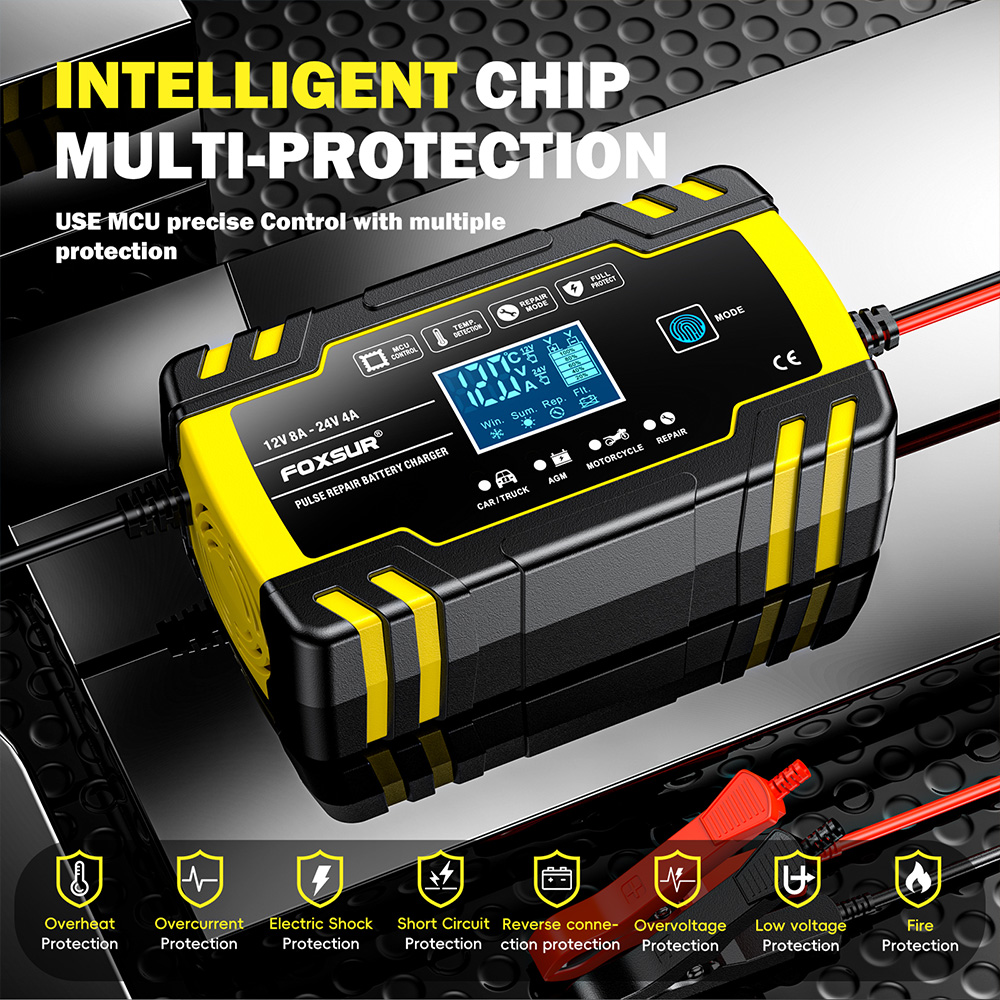 bộ sạc ắc quy ô tô, xe máy Foxsur FBC122408D 12v 8A/ 24V 4A. Tự ngắt khi đầy, có tính năng khử sunfat