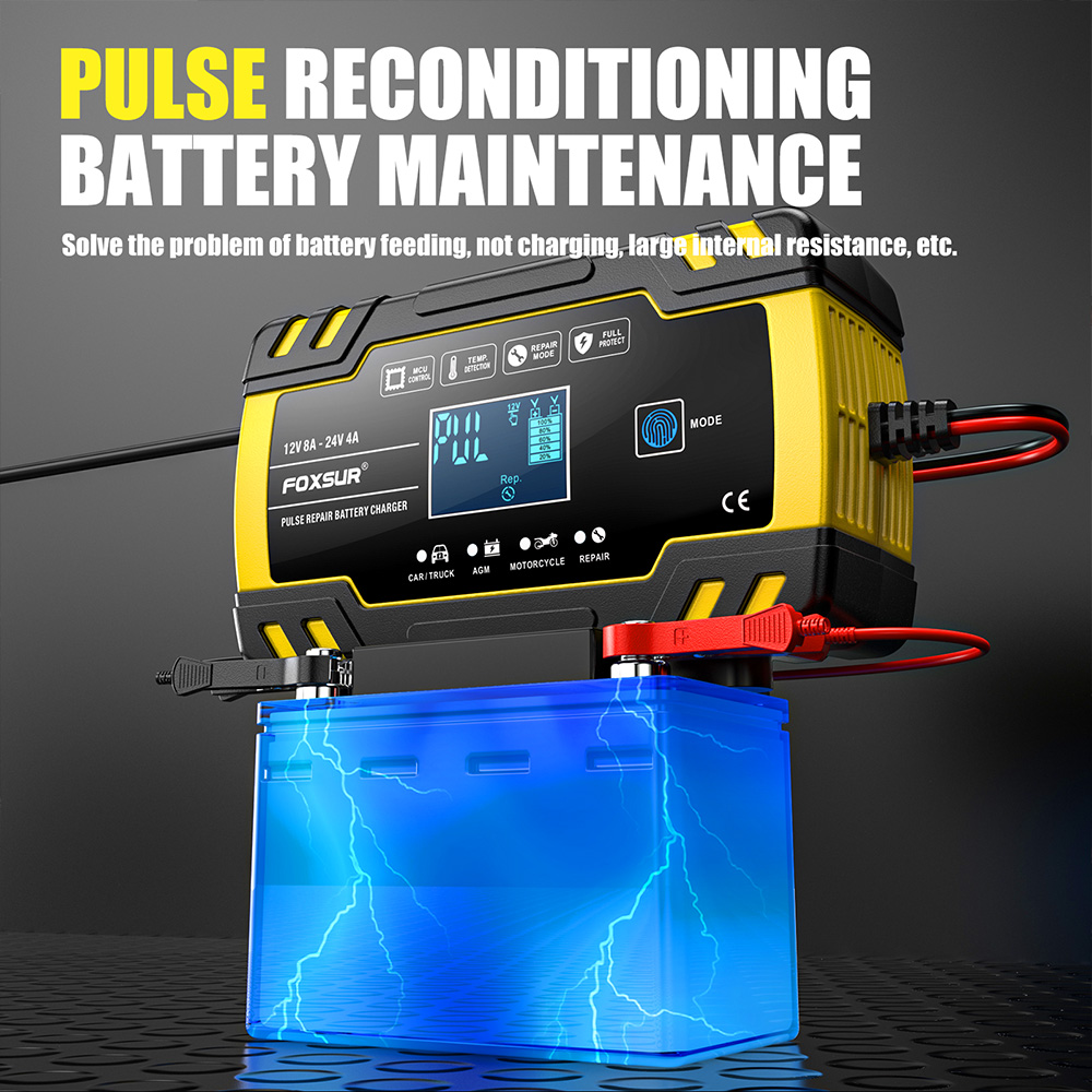 bộ sạc ắc quy ô tô, xe máy Foxsur FBC122408D 12v 8A/ 24V 4A. Tự ngắt khi đầy, có tính năng khử sunfat