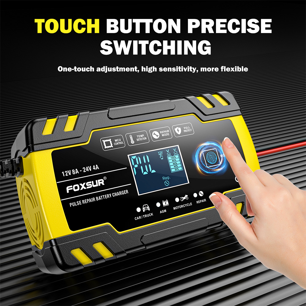 bộ sạc ắc quy ô tô, xe máy Foxsur FBC122408D 12v 8A/ 24V 4A. Tự ngắt khi đầy, có tính năng khử sunfat