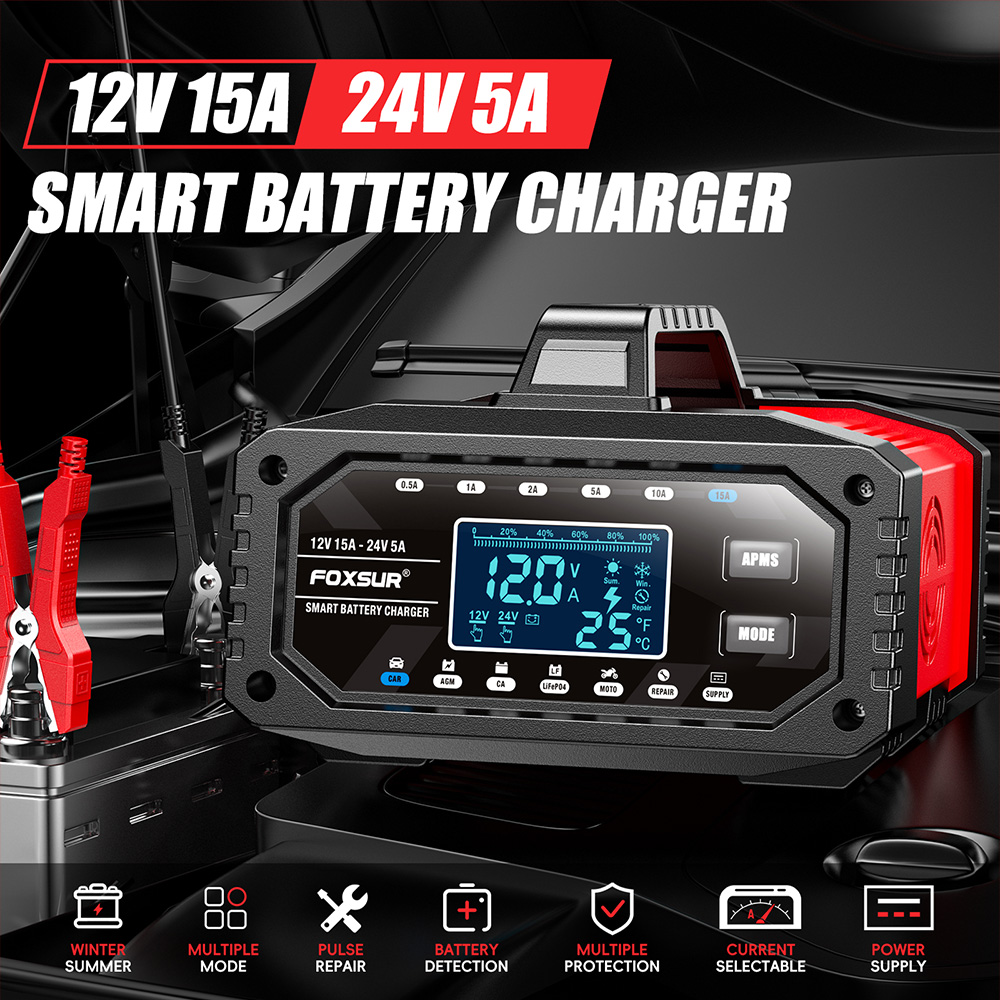 Bộ sạc ắc quy 10 giai đoạn Foxsur FAC-150 12V/15A có supply, điều chỉnh dòng điện theo ý muốn