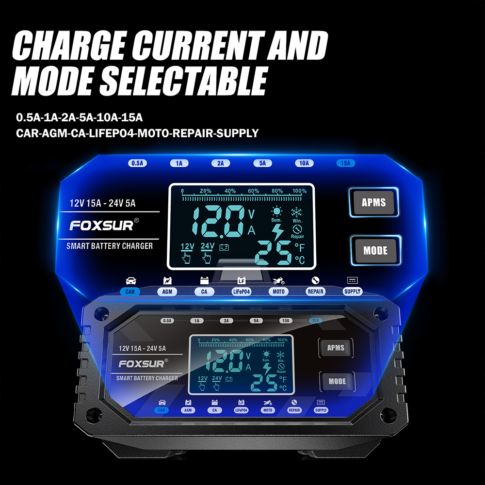 Bộ sạc ắc quy 10 giai đoạn Foxsur FAC-150 12V/15A có supply, điều chỉnh dòng điện theo ý muốn