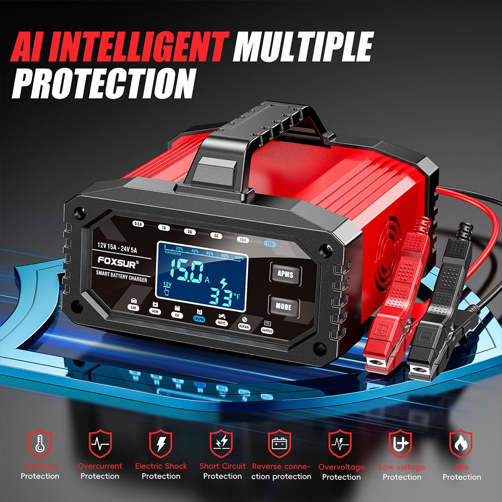 Bộ sạc ắc quy 10 giai đoạn Foxsur FAC-150 12V/15A có supply, điều chỉnh dòng điện theo ý muốn